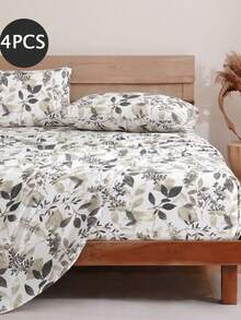 4-Piece Fashionable Floral & Leaf Pattern Bedding Set, Easy Care Soft Bedding, Floral Fitted Sheet Set (1 Flat Sheet + 1 Fitted Sheet + 2 Pillowcases), Deep Pocket Up To 11.8 Inches, Soft & Breathable, Back To School Dorm Bedding Set - Multicolor - View 2