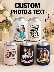 Custom Wedding Photo Can Cooler Sleeves, Personalized With Couple Photos, Names And Custom Text, Practical Drink Sleeves For Wedding Receptions And Bridal Events, Unique Guest Favors, Fun Keepsakes To Commemorate Your Unforgettable Big Wedding Day. - Multicolor - View 1