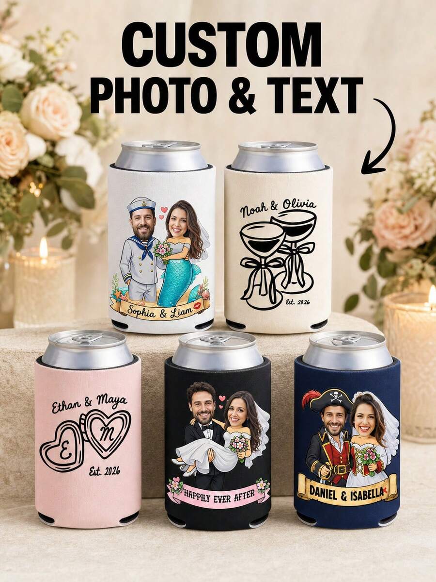Custom Wedding Photo Can Cooler Sleeves, Personalized With Couple Photos, Names And Custom Text, Practical Drink Sleeves For Wedding Receptions And Bridal Events, Unique Guest Favors, Fun Keepsakes To Commemorate Your Unforgettable Big Wedding Day. - Multicolor - View 1