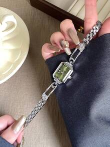 拋光銀色錶殼閃耀綠色錶盤精緻鏤空金屬鏈條錶帶奢華女士腕錶時尚裝飾石英錶 - 銀色 - 查看 2