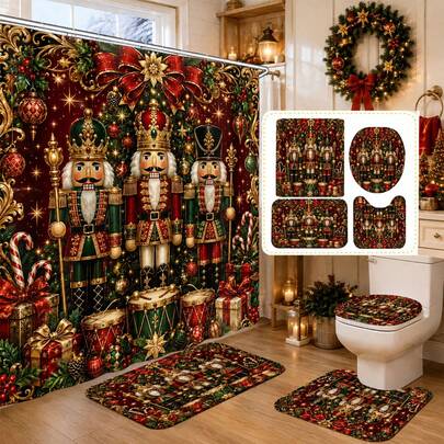 1pc/4pcs Christmas Nutcracker Luxury Multifunctional Bathroom Decor Shower Curtain Set, Free 12 Hooks, Premium Holiday Atmosphere, Bathroom Mat, U-Shaped Rug And Round Toilet Lid Cover, Suitable For All Christmas Scenes