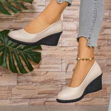 Sepatu hak wedges minimalis wanita, ujung bulat, sol tebal, menambah tinggi badan, gaya komuter musim semi/gugur, sepatu kasual serbaguna. - putih pucat - View 4