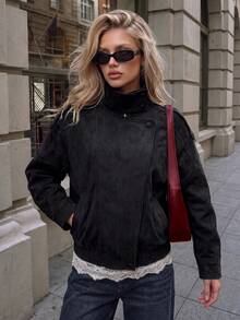 Jaket Motor Pendek Longgar Kancing Asimetris Kerah Tegak Wanita, Menciptakan Gaya Kasual Vintage Keren Warna Hitam - Hitam - View 1