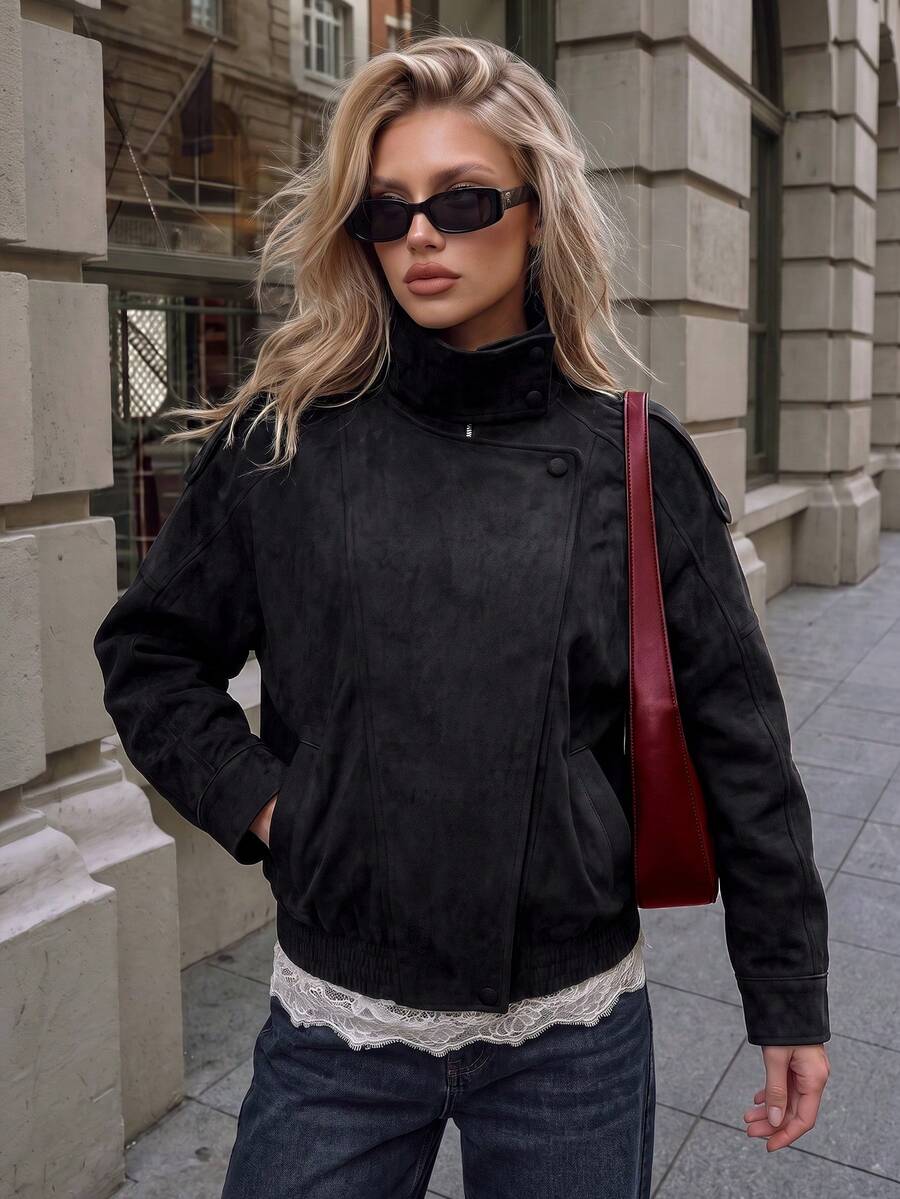 Jaket Motor Pendek Longgar Kancing Asimetris Kerah Tegak Wanita, Menciptakan Gaya Kasual Vintage Keren Warna Hitam - Hitam - View 1