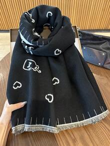 1 buah Syal Motif Geometris Hitam untuk Wanita, Selendang Hangat Serbaguna Musim Dingin, Jubah Serbaguna untuk Ruangan Ber-AC dan Kantor, Penghangat Leher Panjang dan Tebal - Hitam - View 1