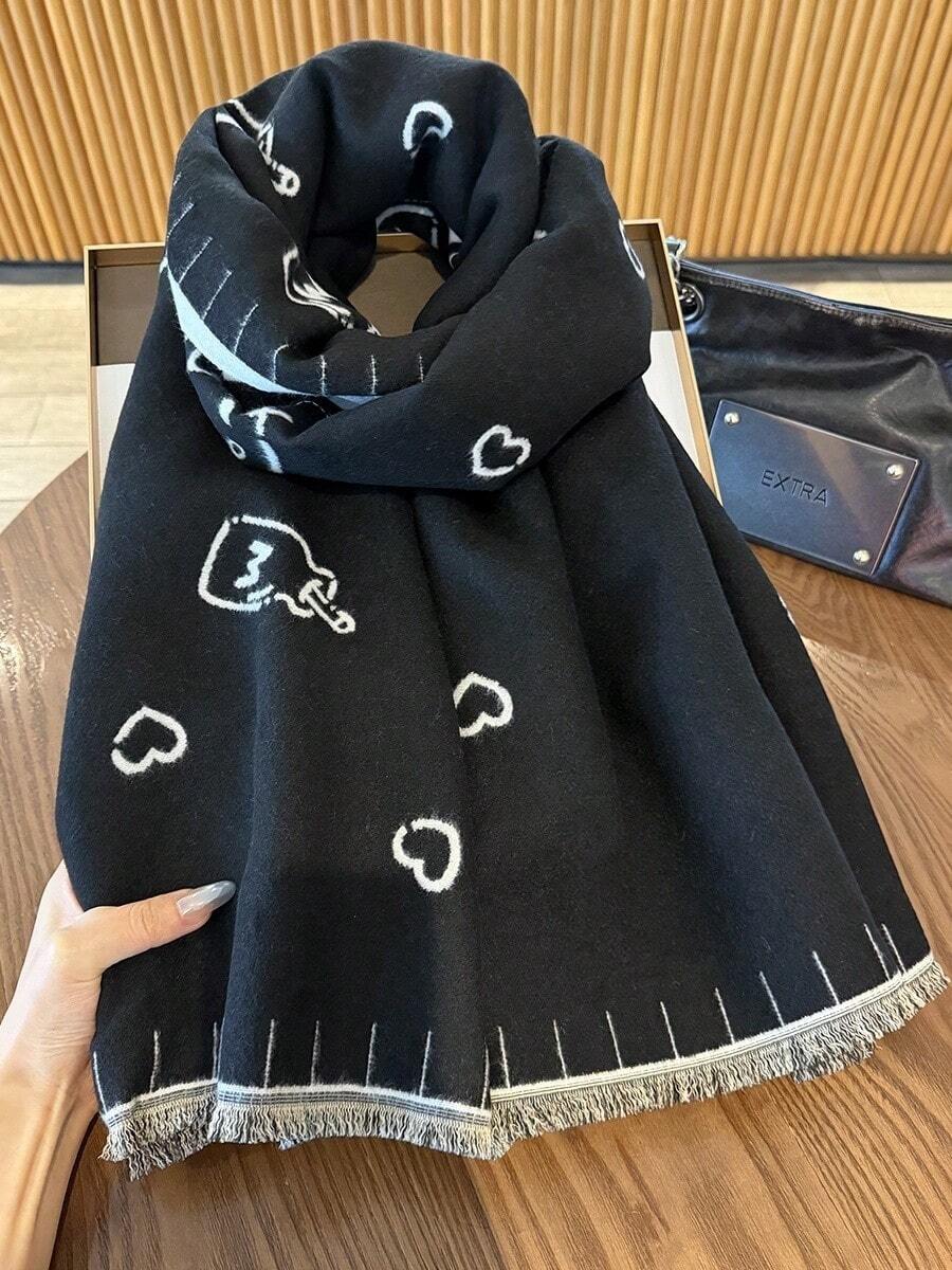 1pc Black Geometric Pattern Scarf For Women, Winter Warm Versatile Shawl, Dual-Use Cape For Air-Conditioned Room And Office, Long Thick Neck Warmer - Black - View 1