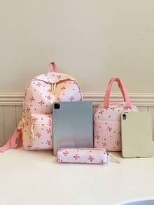 Set 3 Tas Ransel Nilon Motif Pita, Tas Ransel Lipat Multi-Saku Kapasitas Besar dengan Resleting, Cocok untuk Remaja, Siswa SMA, Mahasiswa, Remaja Perempuan untuk Penggunaan Sehari-hari, Bepergian, Perjalanan, Hadiah Hari Valentine - Berwarna merah muda - View 3