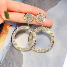 1對鍍金水鑽幾何圓形垂墜耳環，閃亮吸睛女士派對婚禮珠寶 - 幾何吊墜耳環 - 查看 4