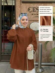 Women's Long Bishop Sleeve Funnel Neck Top Knitted Fabric Modest Elegant Style Fall - Redwood - View 1