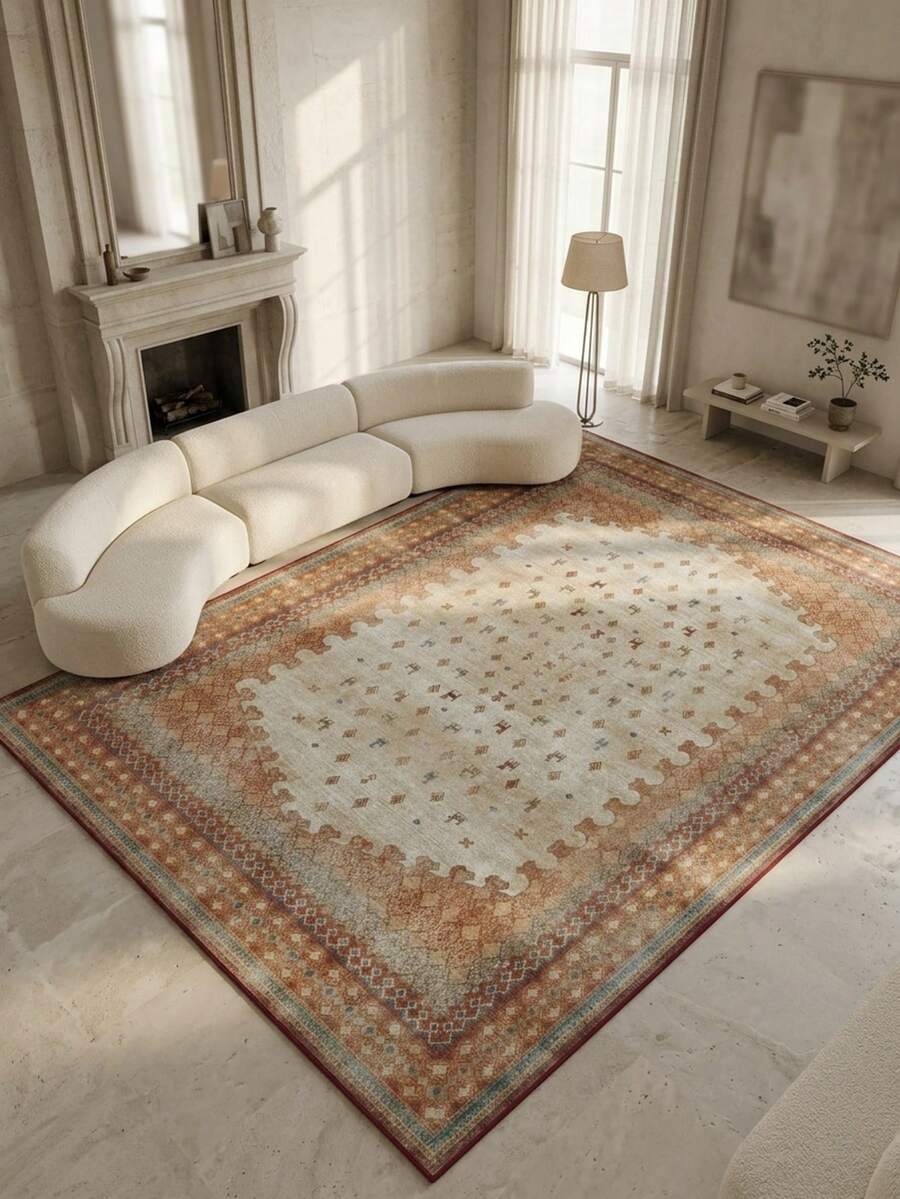 1PC Vintage Brick Red Jagged Border Print Beige Area Rug, Distressed Bohemian Style Faux Cashmere Rectangular Asymmetrical Edge Symbol Machine Washable Floor Mat, Suitable For Living Room Bedroom Study Home Decor - Multicolor - View 1