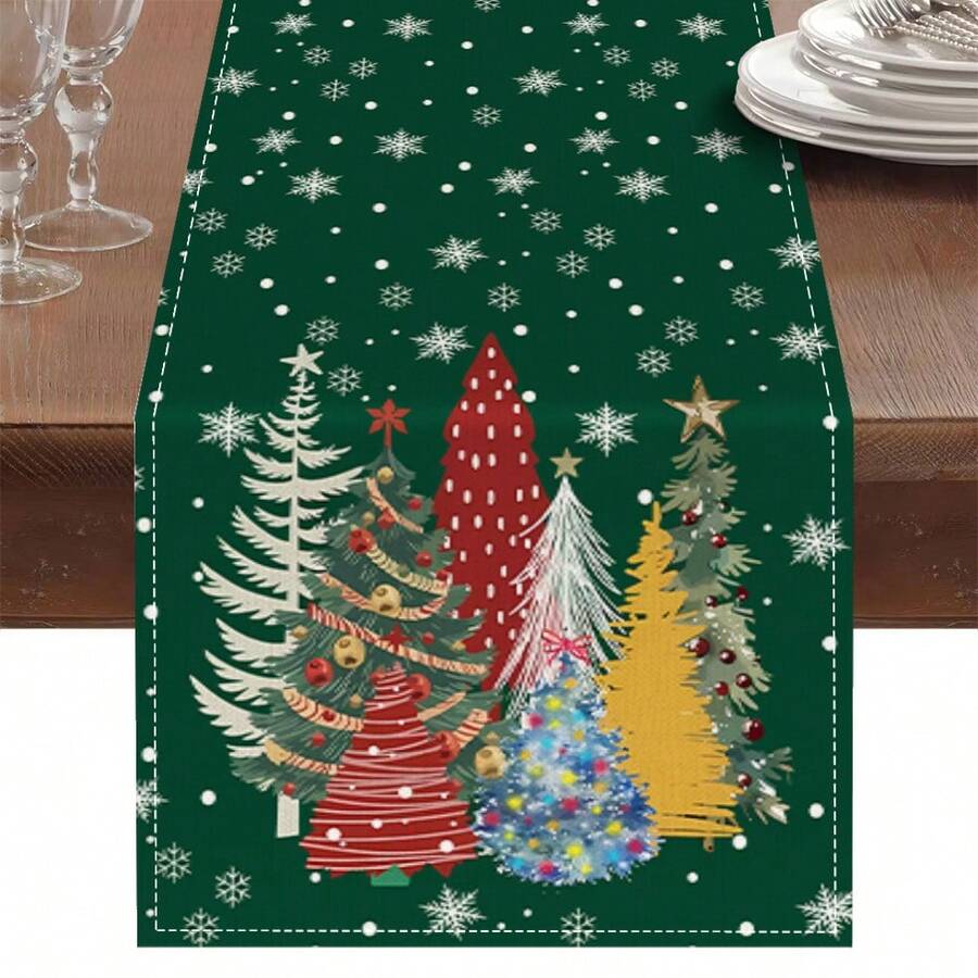 1pc Dark Green Background Christmas Tree & Snowflake Print Table Runner, Linen Texture Holiday Table Runner, For Dining Table Christmas Party Home Decor - Green - View 1
