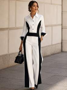 Women's Spring/Autumn Casual Elegant Contrast Color Lapel Long Sleeve Top And Contrast Color Long Pants 2 Pieces Set White - White - View 1