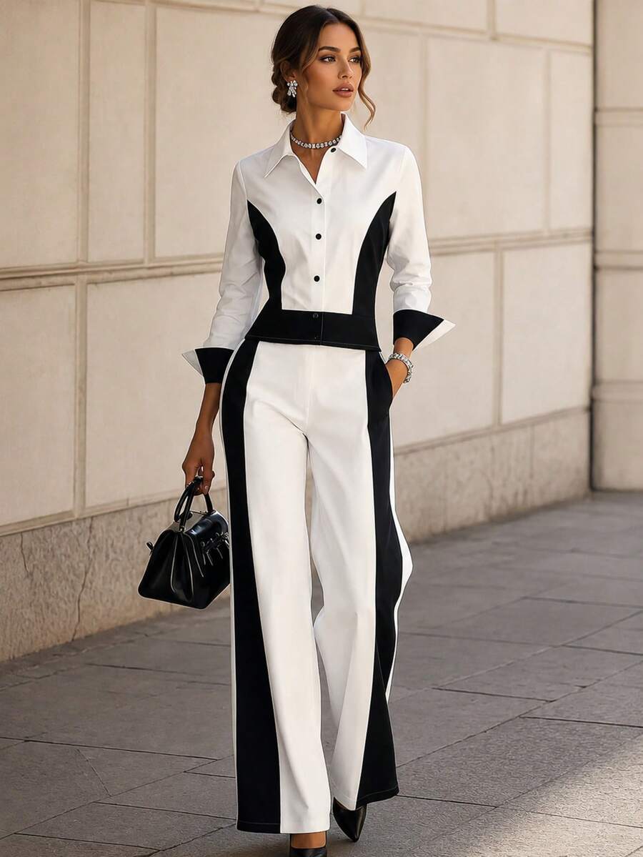 Women's Spring/Autumn Casual Elegant Contrast Color Lapel Long Sleeve Top And Contrast Color Long Pants 2 Pieces Set White - White - View 1
