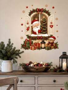 1pc Christmas Window Scene Wall Sticker Santa Claus Reindeer Peeking Through Window Christmas Tree Gift Box Holiday Window Decal Cozy Christmas Home Decor Self-Adhesive Removable Waterproof PVC Peel And Stick Wall Sticker For Home Holiday Decoration - Christmas Wall Decals - View 11