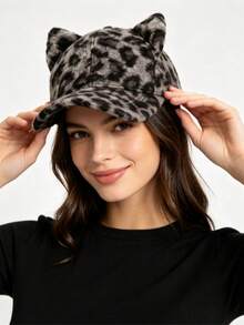1pc Personalized Vintage Leopard Print 3D Cat Ear Plush Baseball Cap - Multicolor - View 3