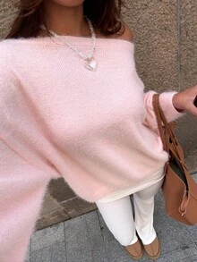 Women's Casual Loose Knit Solid Color Ribbed Soft Fuzzy Sweater, Suitable For Beach & Vacation - Pink - View 2