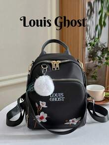 Women's Fashion Minimalist Backpack Floral Letter Embroidery Vintage Shoulder Bag Classic Mommy Bag Student Backpack, Back To School - Black - View 1