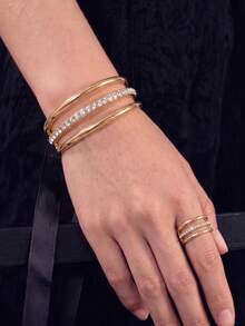2pcs/Set Fashion Unique Multi-Layer Line Rhinestone Design Bracelet And Ring Jewelry Set, Elegant Daily Wear And Formal Occasion Women's Gift - Gold - View 2