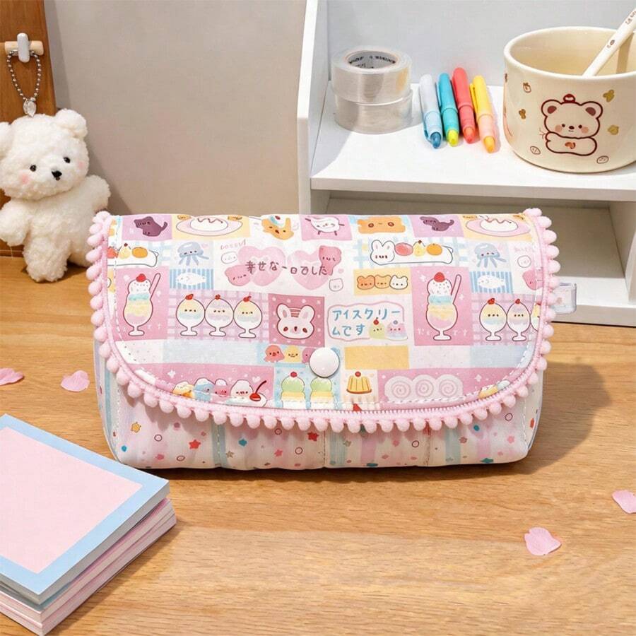 1pc Colorful Patchwork Pencil Case, Large Capacity Multi-Layer Stationery Organizer With Pink Pom Pom Trim, Zipper Compartment And Snap Front Pocket, Portable Storage Bag For Pens, Pencils, Erasers, Rulers, Cards And School Supplies, - Colorful Print - View 1
