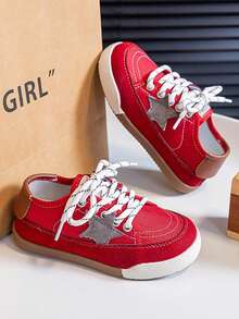Kids Star Decor Canvas Lace-Up Soft Sole Anti-Slip School Casual Versatile Shoes - Red - View 2