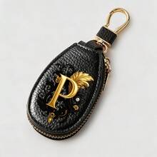 Litchi Pattern Key Bag -Black Gold Letters A-Z Car Key Protection Cover,PU Key Storage Clip,Zipper Bag,Car Key Storage Device,Car Keychain,Unisex Gift - Multicolor - View 45