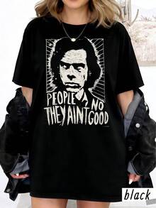 Damen Grunge Retro People They Ain't No Good Grafik T-Shirt,Oversized Kurzarm Baumwoll Top,Linolschnitt Porträt Vintage Blues Rock Lässig Statement Top - Schwarz - Übersicht 1