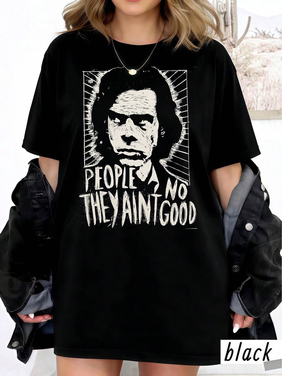 Damen Grunge Retro People They Ain't No Good Grafik T-Shirt,Oversized Kurzarm Baumwoll Top,Linolschnitt Porträt Vintage Blues Rock Lässig Statement Top - Schwarz - Übersicht 1