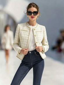Women's Elegant Tweed Short Jacket, Gold Trim Embellished Gold Button Round Neck Commuter Outerwear - White - View 5