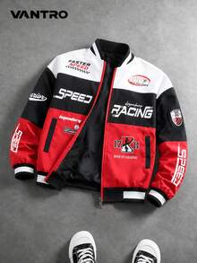 Vintage F1 Racing Print Stand Collar Jacket Men's Motorcycle Style Casual Outerwear, Men's Vintage Motorcycle Racing Print Stand Collar Jacket, Spring/Autumn Vintage Motorcycle Casual Jacket - Red - View 1