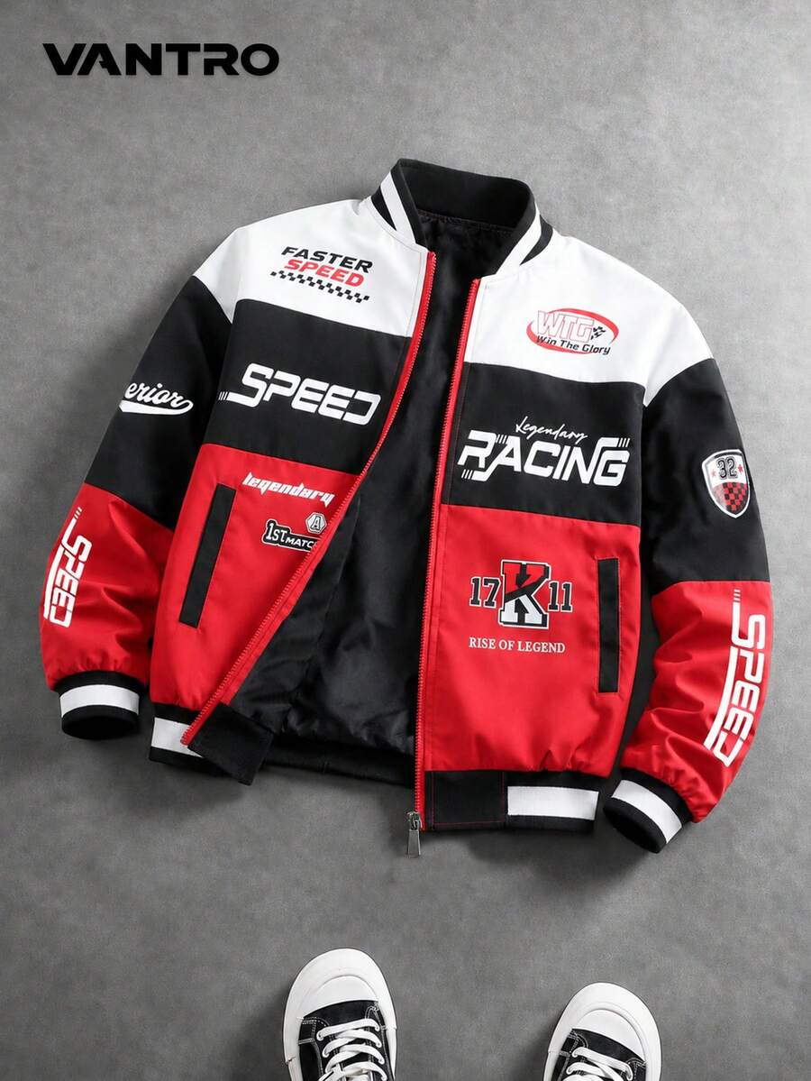 Vintage F1 Racing Print Stand Collar Jacket Men's Motorcycle Style Casual Outerwear, Men's Vintage Motorcycle Racing Print Stand Collar Jacket, Spring/Autumn Vintage Motorcycle Casual Jacket - Red - View 1