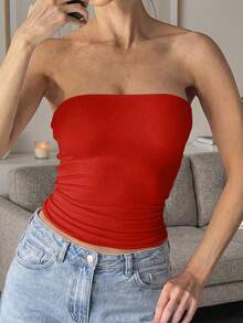 GLAMSKIN Damen Sexy Trägerloses Top, Sommer/Herbst Lässig Doppellagig Slim Fit Basic Camisole, Schulanfang, Streetwear und Strandurlaub Rot - Rot - Übersicht 7