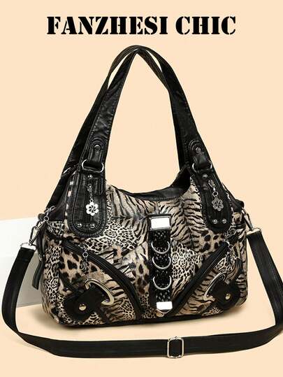Tote Bag, Full And Loose Body Design With Multiple Compartments And Zipper Pockets, Exquisite Decorative Details Adorn The Surface. Adjustable Shoulder Strap Supports Shoulder, Crossbody And Multiple Carrying Ways, Ample Storage Space Can Accommodate Numerous Personal Items, Suitable For Daily Outings, Excellent Practicality.