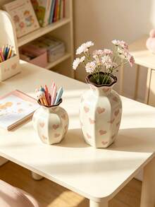 Cream White Ceramic Vase, Pink Heart Pattern Decorative Vase, Glazed Floral Vase And Pen Holder, Suitable For Bedroom, Children's Room Aesthetic Desktop Centerpiece - View 3
