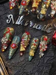10片手工全覆蓋尖頭穿戴甲，綠紅聖誕冬青雪花蝴蝶結鈴鐺3D花朵多色水鑽，可拆卸假指甲，適合節日聖誕派對Y2K風格美甲，含果凍膠與指甲锉 - 彩色 - 查看 7