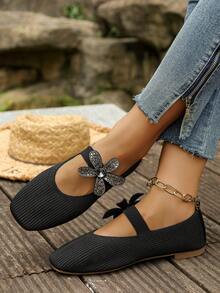 Elegant Rhinestone Floral Decor Flat Shoes, Knitted Fabric Square Toe Low-Top Commuter Women's Shoes - Black - View 2