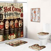 1pc/4pcs Christmas American Hot Cocoa Menu Multi-Functional Bathroom Decor Shower Curtain Set, Free 12 Hooks, Premium Holiday Atmosphere, Bathroom Mat, U-Shaped Floor Mat And Round Toilet Lid Cover, Suitable For All Christmas Scenes Decoration - American Hot Cocoa - View 7