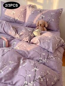 2/3pcs Purple Plum Blossom Pattern Bedding Set, Soft & Breathable, Wrinkle-Resistant, Improves Sleep Quality, Luxury Hotel Style, Gift For Parents & Friends, Double-Sided Dual-Color Quilted Duvet Cover*1, Pillowcase*1/2, Size Options: Extra Large, Large, Standard Double, Single - Purple - View 2