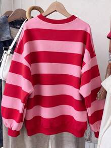 Women's Pink Colorblock Classic Fashion Striped Y2K Outfit Set, Back To School Autumn Apparel, Round Neck Long Sleeve Drop Shoulder Loose Pullover Sweatshirt With Warm Fleece Lining - Pink - View 8