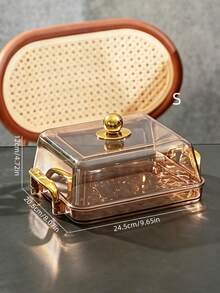 Tray With Cake Lid, Gold Thickened Transparent PET Rectangular Tray With Handle And Cake Lid, Plastic Storage Tray, Suitable For Tea Cups, Water Cups, Gold Rim Style - Amber - View 10