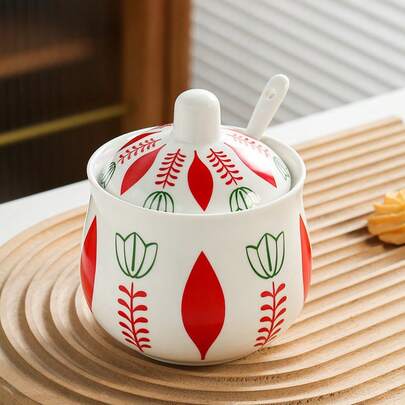 Ceramic Sugar Jar With Lid And Spoon, Folk Floral Print Sugar Storage Canister, Kitchen Countertop Seasoning Container, Home Dining Decorative Spice Jar