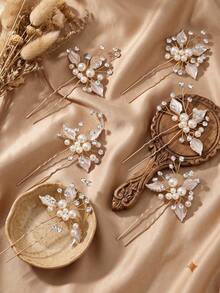 6pcs Elegant Pearl Rhinestone Leaf U-Shaped Hair Pins, Bridal Wedding Hair Forks For Women Prom Party Hair Accessories - Gold - View 5