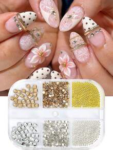 1Box 3D Rhinestone Nail Art; Mixed Pearl, Steel Beads, And Irregular Rhinestone Flat Design. Y2K Cute And Charming Nail Decorations. DIY Nail Salon Accessories. - Multicolor - View 3