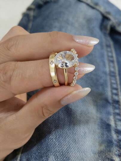3Pcs Set Women's Oval Cubic Zirconia Stackable Rings, Suitable For Wedding, Engagement, Anniversary, Party Wear, Valentine's Day Gift. No Box.