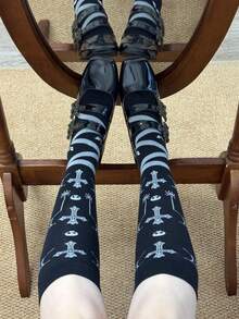 1 Pair Women's Unique Easter Halloween Party Versatile Niche Cross Jacquard Knee-High Socks - Black - View 1