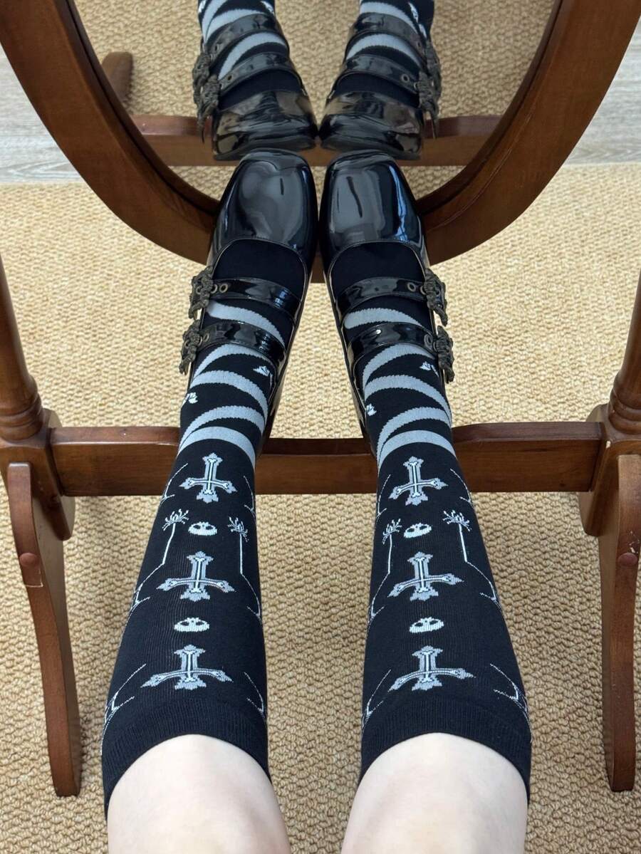 1 Pair Women's Unique Easter Halloween Party Versatile Niche Cross Jacquard Knee-High Socks - Black - View 1