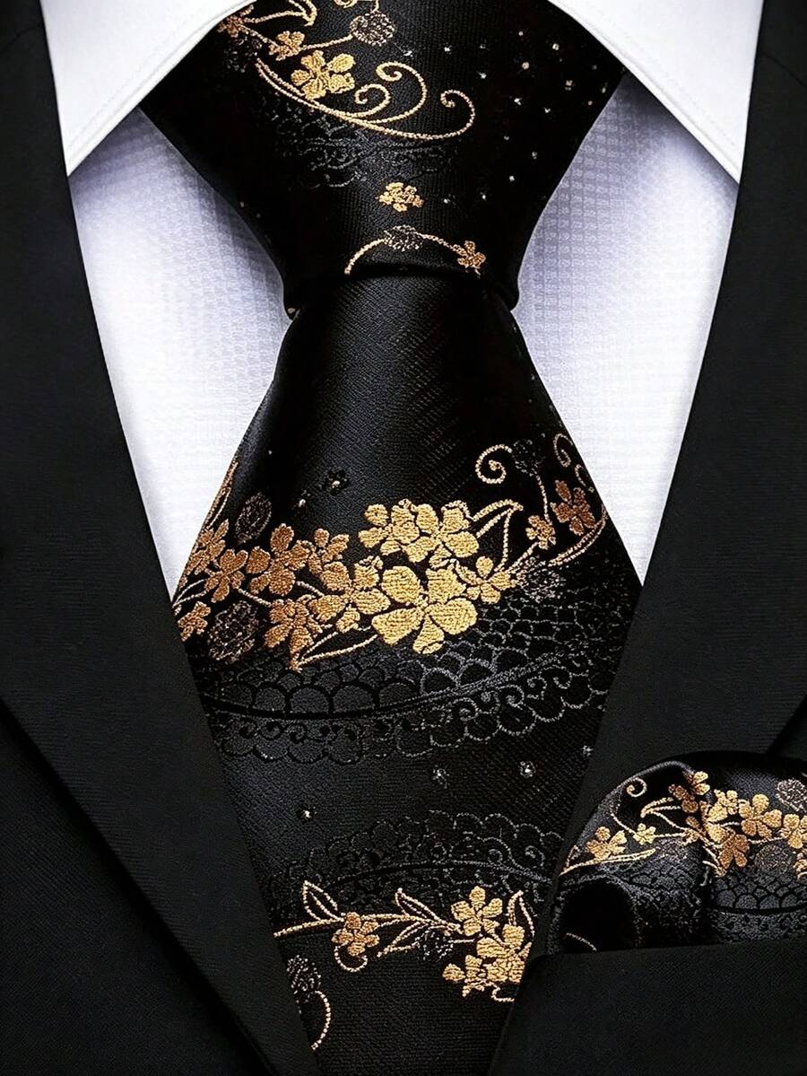 Men's Tie Set, Classic Fashion Tie & Pocket Square Set, Suitable For Weddings, Business And Banquets - Black - View 1