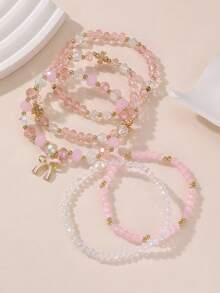 5pcs/Set Girls Beaded Bracelets Sweet Bow Pendant Elastic Wristbands Versatile Accessories - Multicolor - View 2