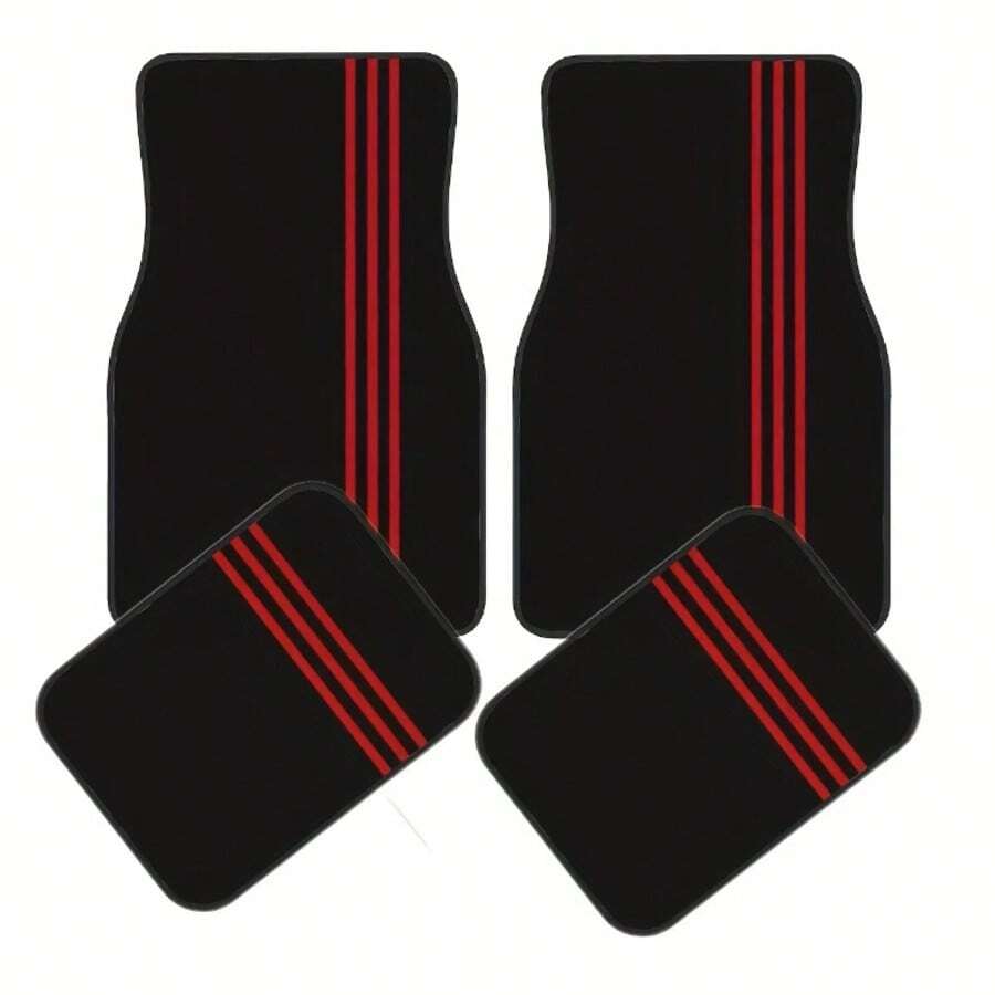 4pcs - Minimalist Three-Stripe Pattern - Car Floor Mat Set - Universal Fit - Suitable For All Seasons, Red & Black Design - Fits Sedans And SUVs, Perfect Gift For Men And Women! Car Interior Accessories - Multicolor - View 1