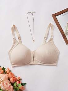 2pcs Multi-Color Front Closure Women's Bra With Adjustable Straps, Full Coverage Wireless Bra, Ribbed Design With Padding, Designed For C-E Cup - Multicolor - View 11