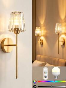 High-End Crystal Wireless Wall Lamp, Black & Gold Rechargeable Wall Light With Crystal Lampshade, Remote Dimming, 12-Color RGB & 3-Color CCT, Decorative Light For Bedroom, Living Room, Hallway - Multicolor - View 1